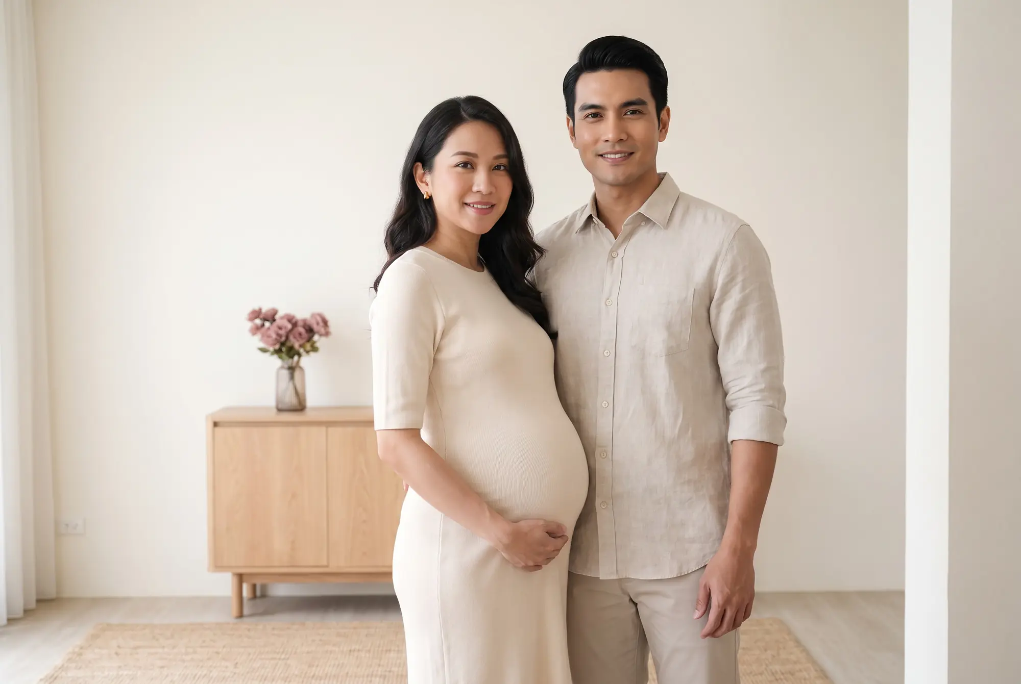 An expectant couple smiling together at home, her hands on her bump