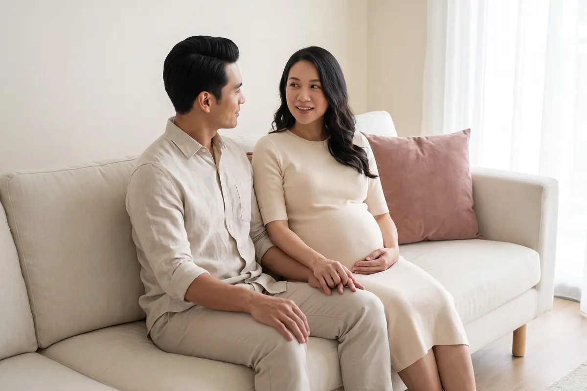 An expectant couple talking quietly together on the sofa